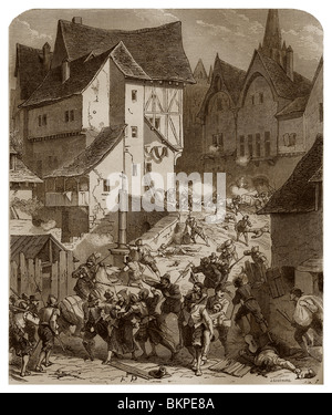 At the end of the 16th century, in Paris, the burghers and monks repelled the attack of the royal troops of Henry IV of France.