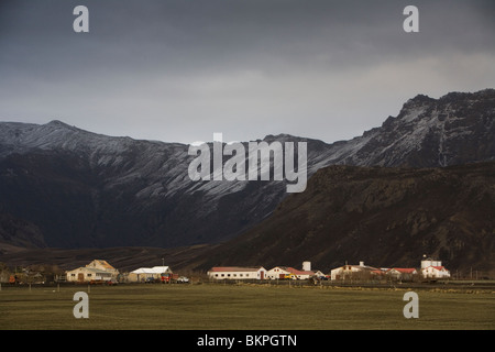 Farm that got hit by volcanic ash from the volcanic eruption in Eyjafjallajokull glacier, South Iceland. Stock Photo