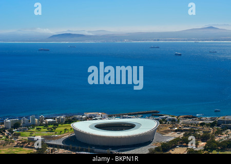 View of the new FIFA 2010 stadium in Green Point, Cape Town with Table Bay in the background. Stock Photo