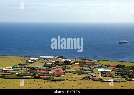 Tristan Da Cunha Island, looking down from the foothils of Queen Marys volcano. Stock Photo