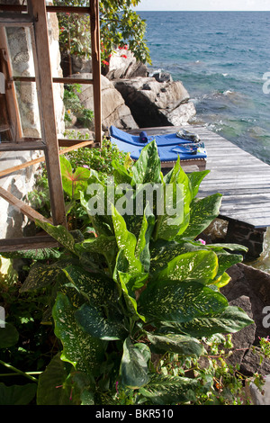 Malawi, Lake Malawi, Likoma Island. View from one of the guest bungalows at the luxury Kawa Maya Lodge. Stock Photo