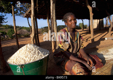 Malawi, Lilongwe, Ntchisi Forest Reserve. In the shade a young woman prepares millet flour for her family. Stock Photo