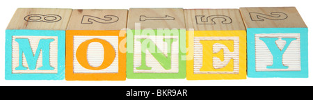 Colorful alphabet blocks spelling the word MONEY over white. Stock Photo