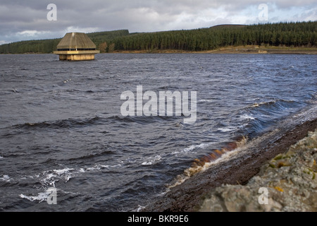 Kielder Water reservoir  with valve tower from dam wall Stock Photo