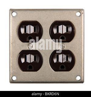 Metallic dual electrical outlet isolated over white background - With clipping path Stock Photo