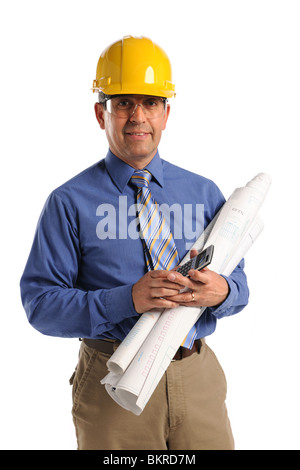 Hispanic construction professional wearing hardhat isolated over white Stock Photo