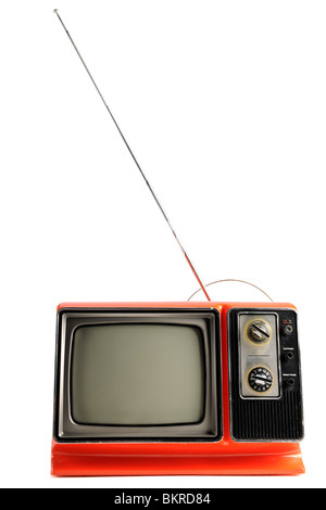 Orange vintage television from the 1970s isolated over white background - With clipping path Stock Photo