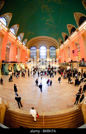 Grand Central Terminal Main Concourse New York City | NEW YORK, United States — A fisheye view sweeps across the main concourse of Grand Central Terminal, its celestial ceiling mural arcing above commuters and travelers crossing the marble floor. The 1913 Beaux-Arts terminal's vaulted ceiling depicts a Mediterranean sky of gilded constellations, restored in the 1990s after decades of grime and tobacco stains obscured it. Stock Photo