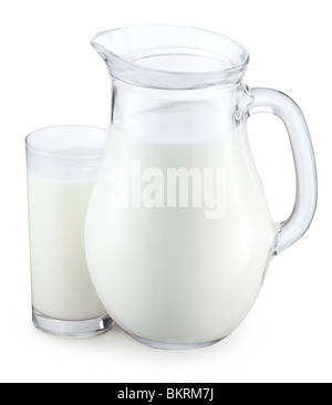 Pitcher and glass of milk on a white background Stock Photo