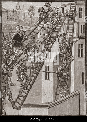 English soldiers scaling a fortress in Gascony during the Hundred Years War. Stock Photo