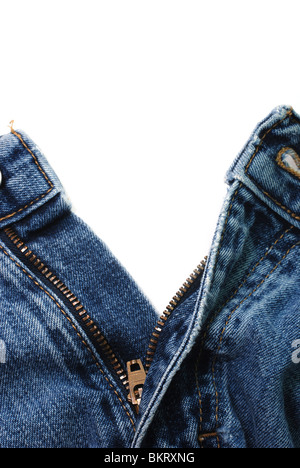 Closeup of zipper in blue jeans isolated on white background. Stock Photo