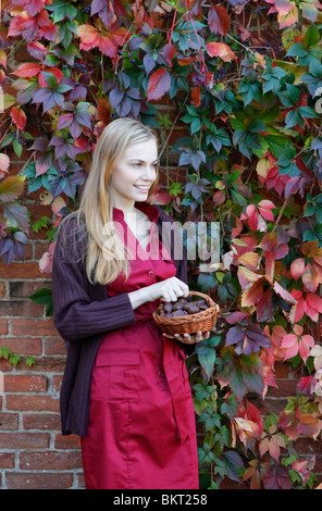 Girl with basket of chestnuts Stock Photo