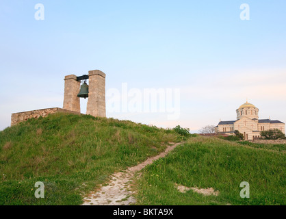 Evening the bell of Chersonese (ancient town) and St Vladimir's Cathedral (Sevastopol, Crimea, Ukraine) Stock Photo