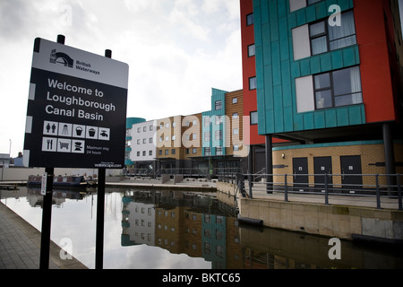 Colourful modern buildings alongside the Grand Union Canal at the Wharf, Loughborough, Leicestershire, England. Stock Photo