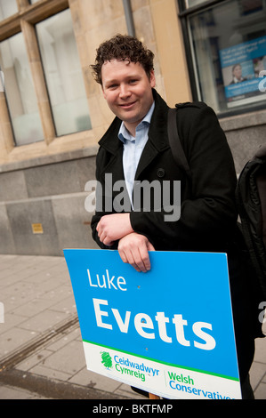 Conservative candidate LUKE EVETTS campaigning in the General Election campaign Aberystwyth Ceredigion Wales UK