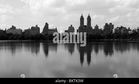 New York Skyline reflected in Central Park lake. Stock Photo