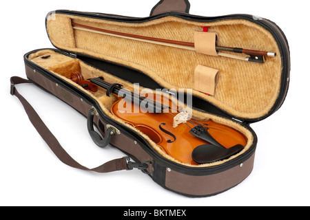 Vintage Andreas Zeller (Stentor) Romanian full-size student violin with bow in hardcase, isolated on white background Stock Photo