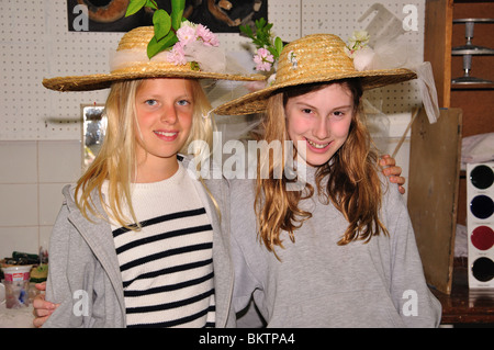 Students wearing decorated straw hats, Heathfield St. Mary's School, London Road, Ascot, Berkshire, England, United Kingdom Stock Photo