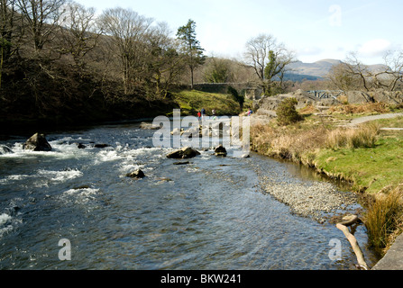 River Glaslyn, Aberglaslyn Pass near Beddgelert, Snowdonia, Gwynedd, North Wales. Stock Photo