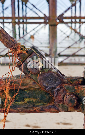 Rusted ironwork under the pier at Fleetwood, Lancashire, England Stock Photo