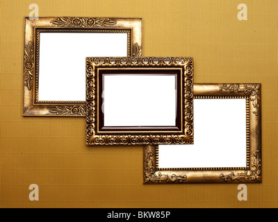Three Old Picture Frame On Gold Pattern, Design Element Stock Photo