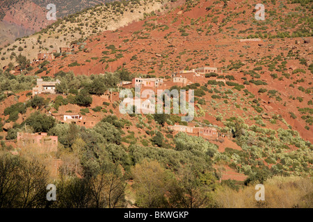 Red walled Berber Village in them Atlas Mountain foothills near to Setti Fatma