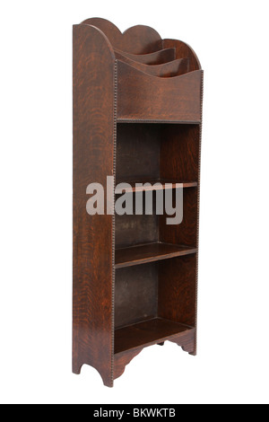 Antique oak wooden book shelf cabinet with letter / magazine rack at the top, isolated on white background Stock Photo