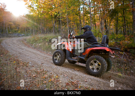 A man rides his ATV on through the forest at Jericho Mountain State Park in Berlin, New Hampshire.  White Mountains. Stock Photo