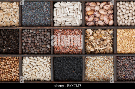 Selection of Vegetable and flower seeds in a wooden tray. Flat lay photography from above Stock Photo