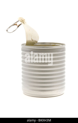 Opened tin can on a white background Stock Photo