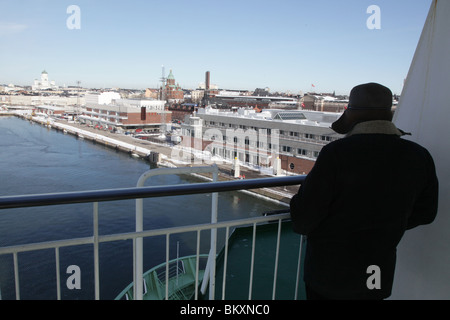 HELSINKI HARBOUR WINTER: Helsinki main harbour Viking Line Terminal docking from Viking Line ferry Mariela Winter and Cathedral, Finland Stock Photo