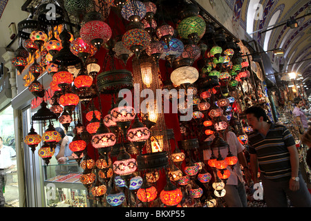 Colourful Lanterns on display in the Grand Bazaar in central Istanbul, Turkey in Europe. Stock Photo