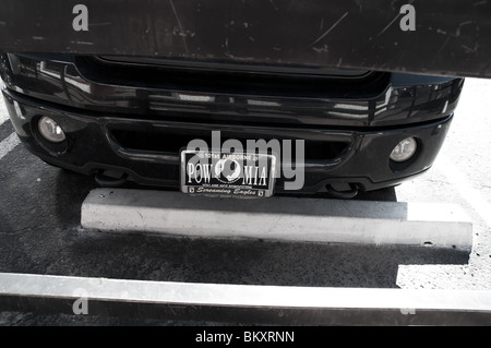 A license plate that says Prisoner of War, Missing in action Stock Photo