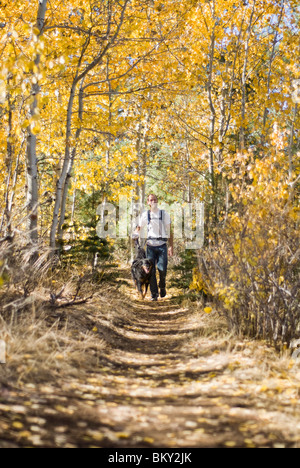 A young man and his dog walk on a trail covered with fall leaves at Spooner Lake, Nevada. Stock Photo