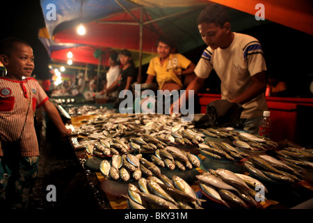 Fresh fish on display at the night market in Kota Kinabalu, Sabah state, Borneo in Malaysia. Stock Photo