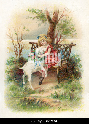 Young Girl Sitting on a Bench in the Countryside with her Pet Dog Stock Photo