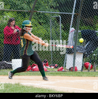 A high school girls softball game. A batter at bat at home plate. Stock Photo