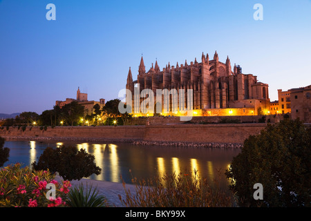 Cathedral La Seu at Palma and Parc de la Mar at dawn, Mallorca, Balearic Islands, Mediterranean Sea, Spain, Europe Stock Photo