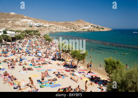 View over the peopled Paradise Beach, Mykonos, Greece Stock Photo