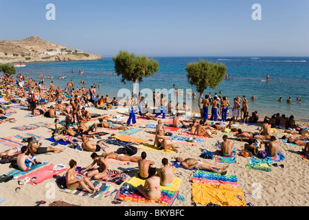 View over peopled Paradise Beach, Mykonos, Greece Stock Photo