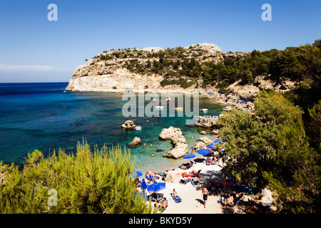 View over beach at Anthony Quinn Bay, film location of the film The Guns of Navarone, Falirakis, Rhodes, Greece Stock Photo