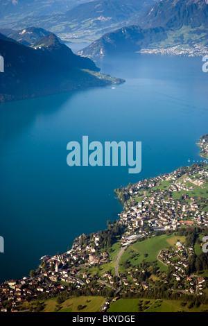 View from vantage point Kaenzli at mount Rigi (1797 m, Queen of the Mountains) over Lake Lucerne with Weggis, mount Buergenstock Stock Photo