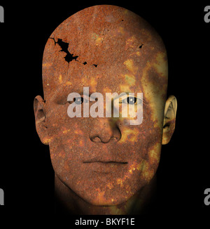 Male portrait on rusty and cracked grunge metal surface. 3d digital illustration. Stock Photo