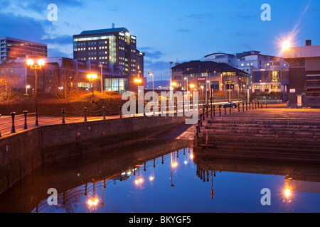 Marina on the River Lagan near the Albert Bridge looking toward Belfast Central and the Laganside development, Northern Ireland Stock Photo