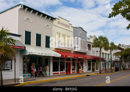 Typical wood-frame buildings of Duval Street shops in Key West, Florida, USA. Stock Photo