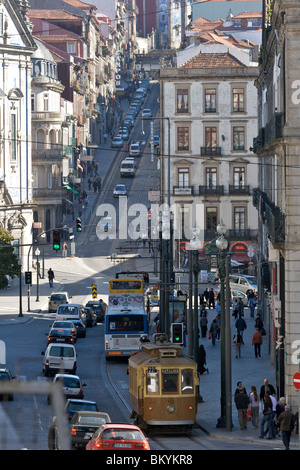 View up the Rua 31 de Janeiro with white and blue tiled facade of Igreja dos Congregados and Igreja de Santo Ildefonso Stock Photo