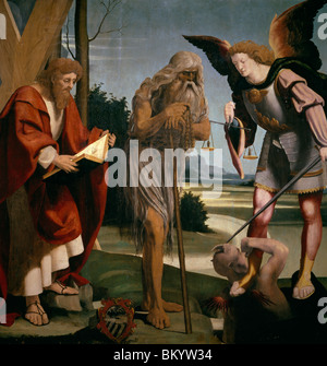 Saint Michael  Saint Onuphile and Saint Andrew by Bramantino (Bartolommeo Suardi)  Oil on wood  (c. 1465-1530)  Rome  Private Stock Photo
