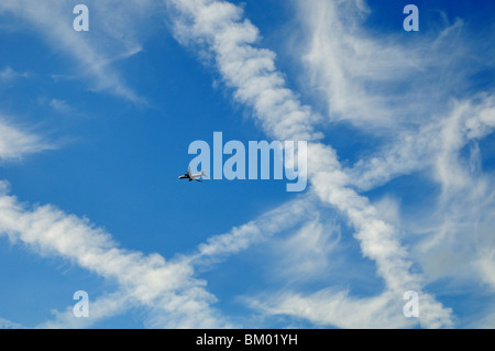 Aircraft Contrails and jetliner in sky Stock Photo