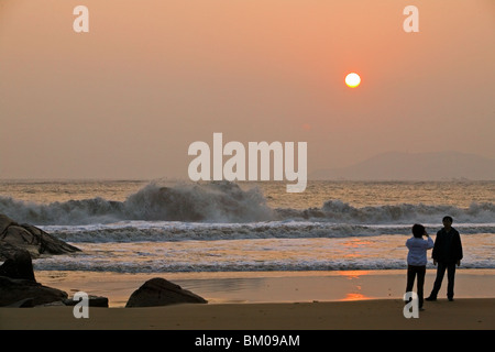 Hundred step beach, sunrise on beach, Buddhist Island of Putuo Shan near Shanghai, East China Sea, Zhejiang Province, China, Asi Stock Photo