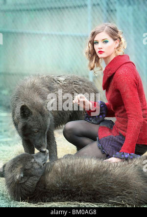 A beautiful woman with vibrant makeup wearing a bright red sweater kneels down between two kissing wolves Stock Photo